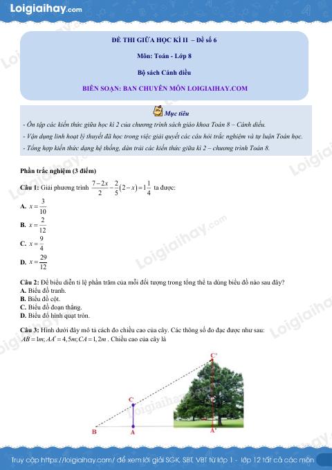 Đề thi giữa kì 2 Toán 8 - Đề số 6 - Cánh diều